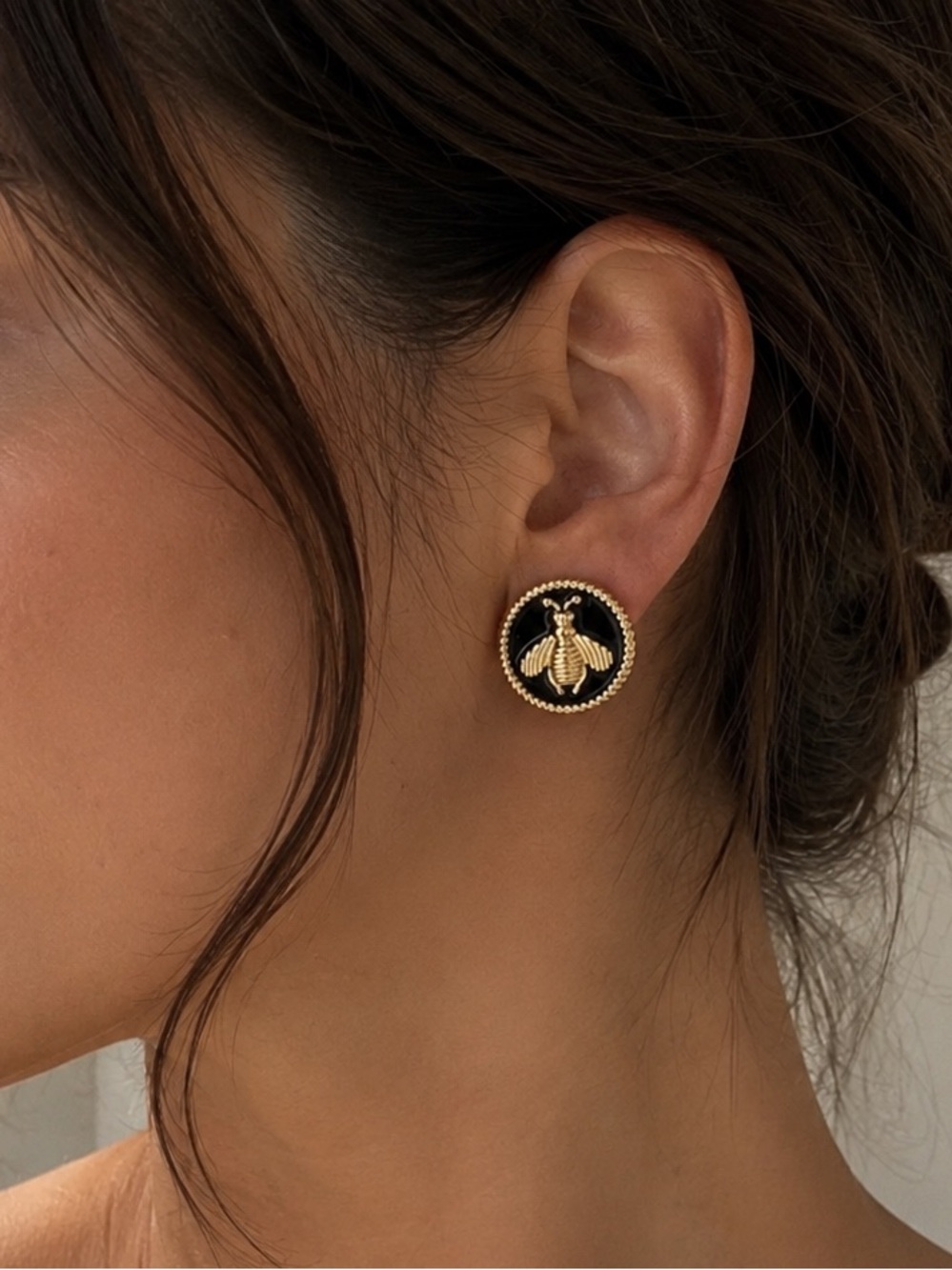 18K Gold Plated Black Enamel Button Bee Stud Earrings